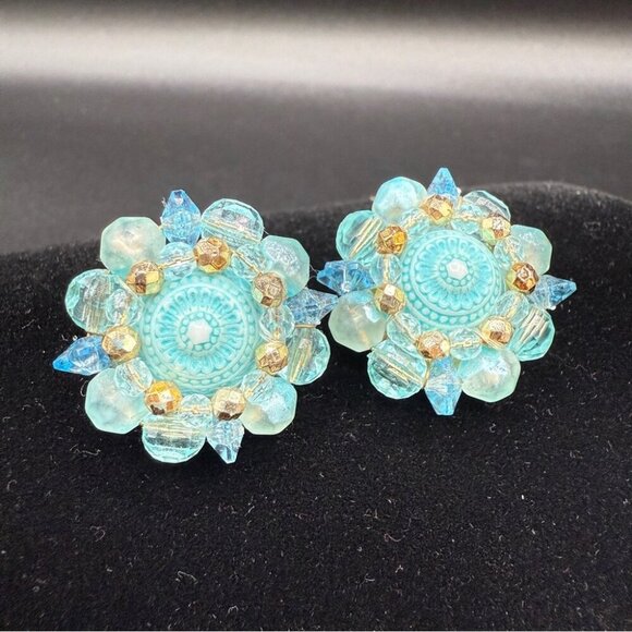 Vintage West Germany Signed 1950s Blue Cluster Earrings - Clip On - Picture 1 of 9